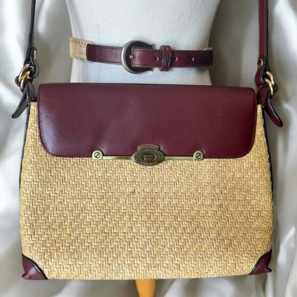 Vintage RARE Etienne Aigner Burgundy Maroon Leather & Jute/Straw Purse and Belt